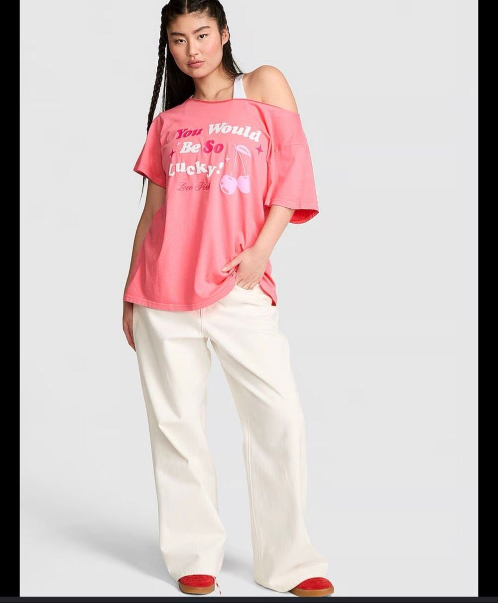 VS Pink off the shoulder tee t shirt top coral pink flower xl oversized floral